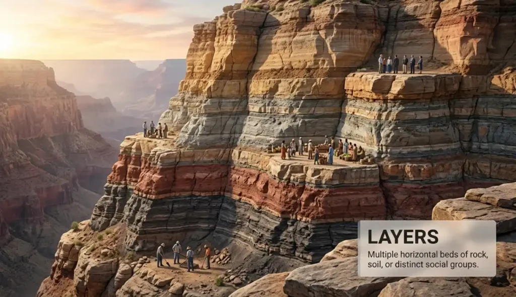 Multiple horizontal beds of rock, soil, or distinct social groups.