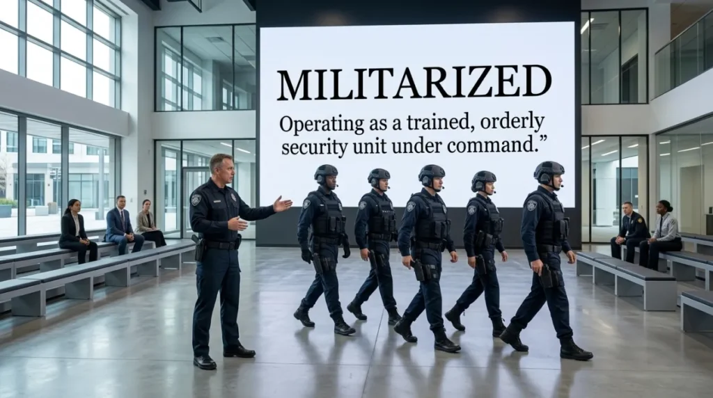 Operating as a trained, orderly security unit under command.