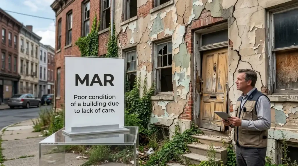 Poor condition of a building or structure due to lack of care.
