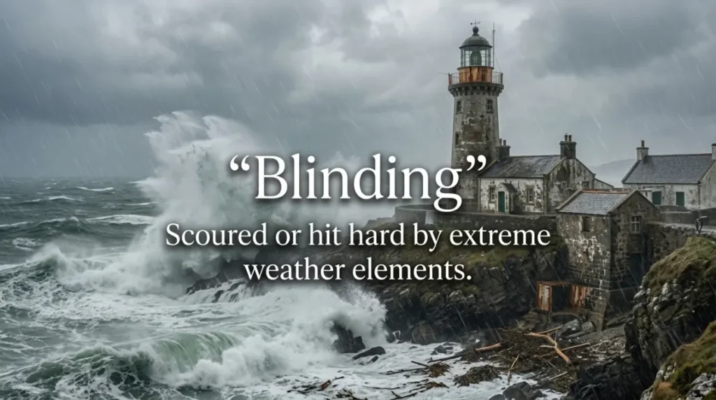 Scoured or hit hard by extreme weather elements.