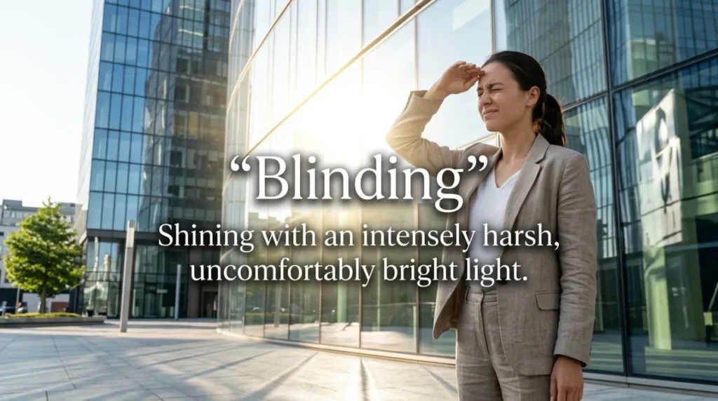 Shining with an intensely harsh, uncomfortably bright light.