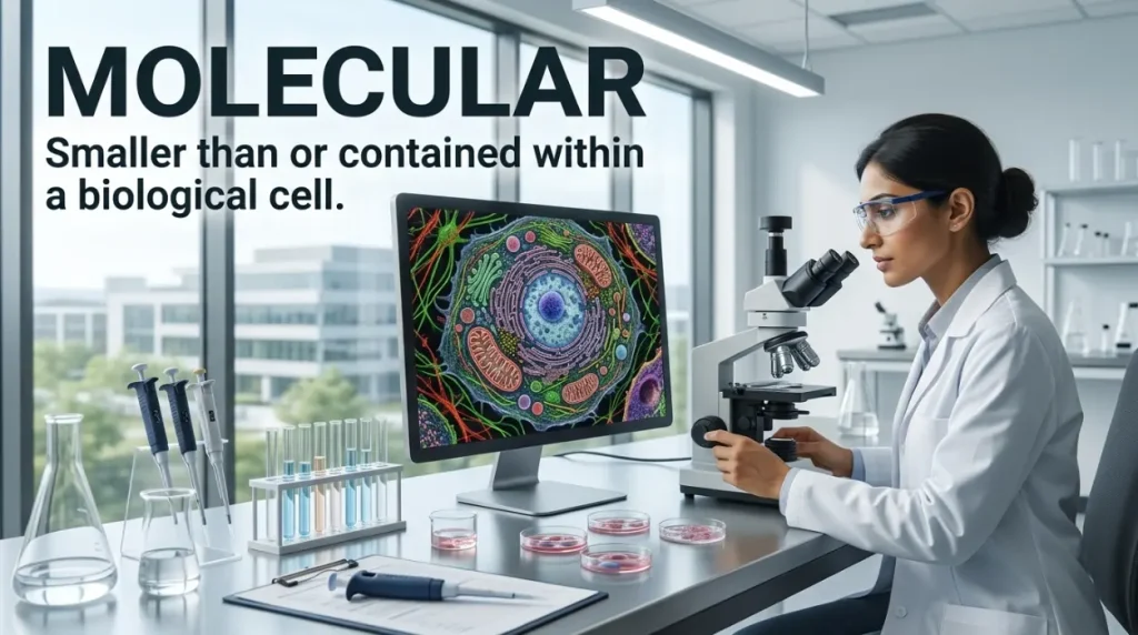 Smaller than or contained within a biological cell.