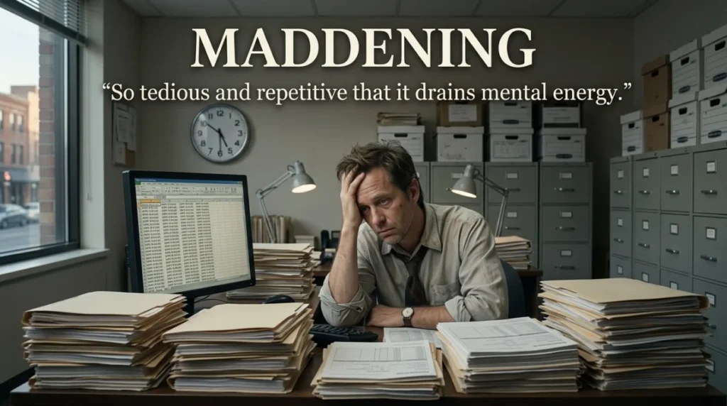 So tedious, dull, or repetitive that it dulls mental energy.