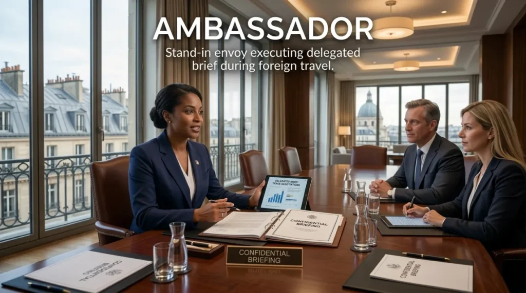 Stand-in envoy executing delegated brief during foreign travel.