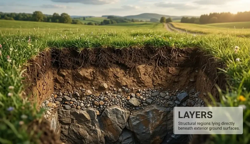 Structural regions lying directly beneath exterior ground surfaces.