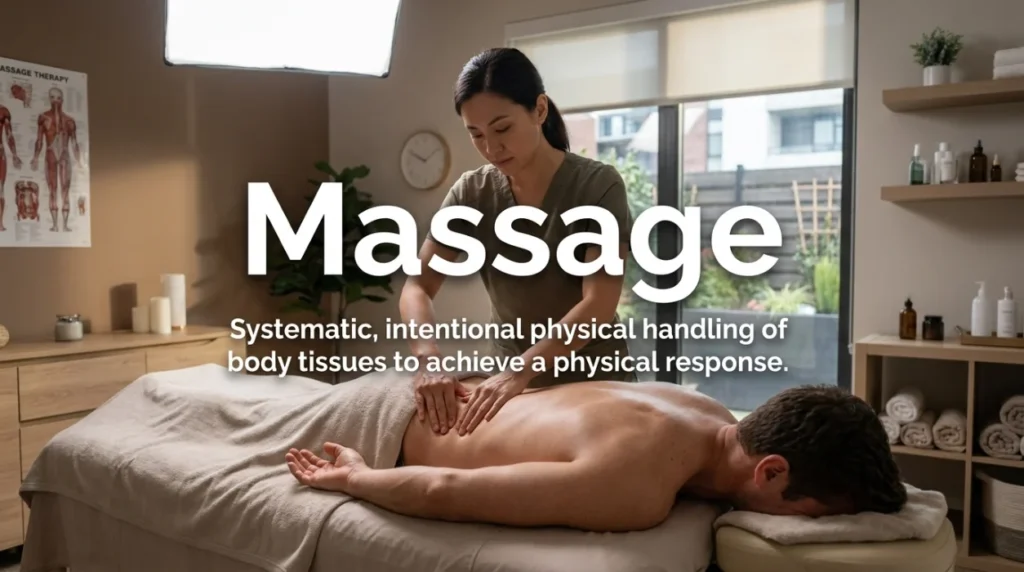 Systematic, intentional physical handling of body tissues to achieve a physical response.