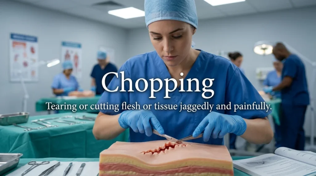 Tearing or cutting flesh or tissue jaggedly and painfully.