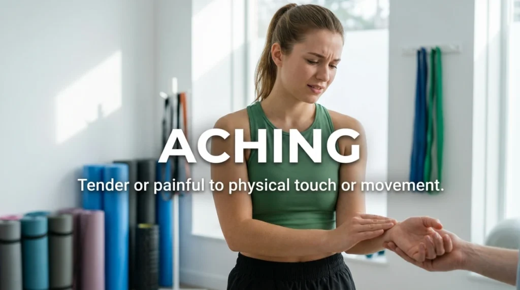 Tender or painful to physical touch or movement.