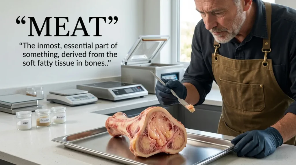 The inmost, essential part of something, derived from the soft fatty tissue in bones.