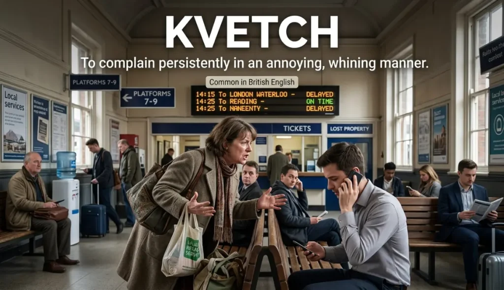 To complain persistently in an annoying, whining manner (common in British English).