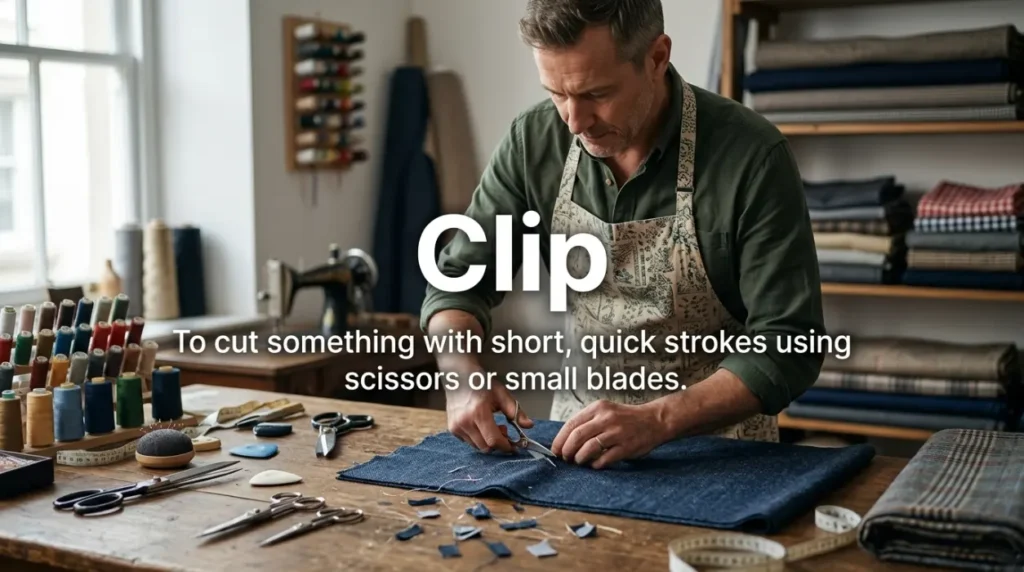 To cut something with short, quick strokes using scissors or small blades.