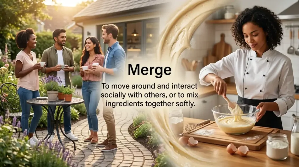 To move around and interact socially with others, or to mix ingredients together softly.