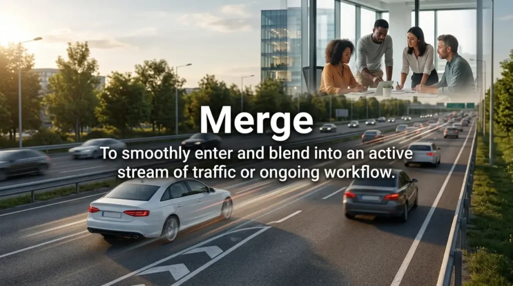 To smoothly enter and blend into an active stream of traffic or ongoing workflow.