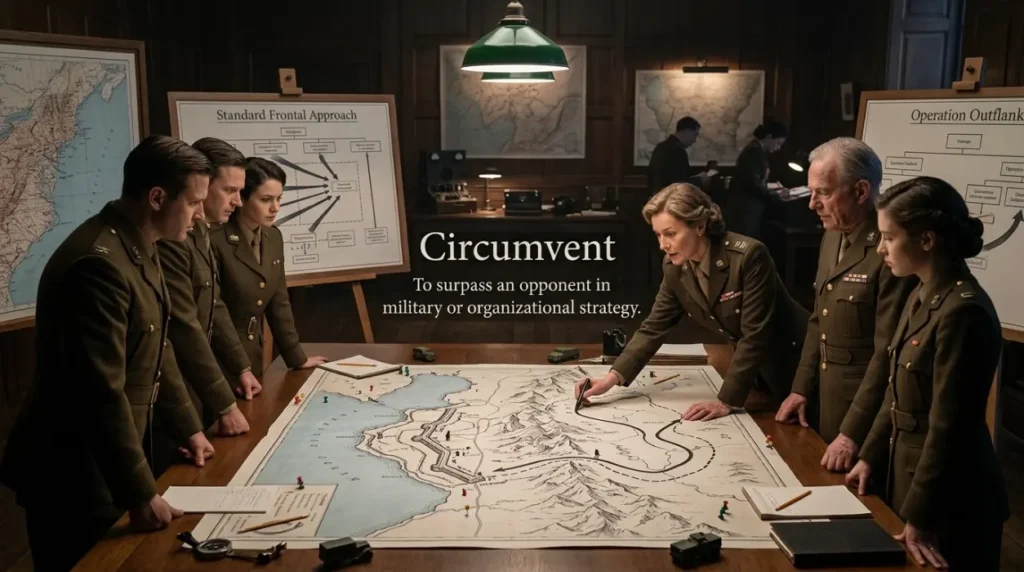 To surpass an opponent in military or organizational strategy.