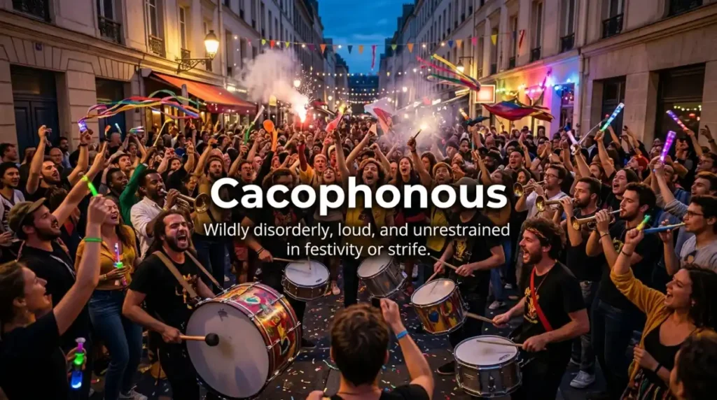 Wildly disorderly, loud, and unrestrained in festivity or strife.