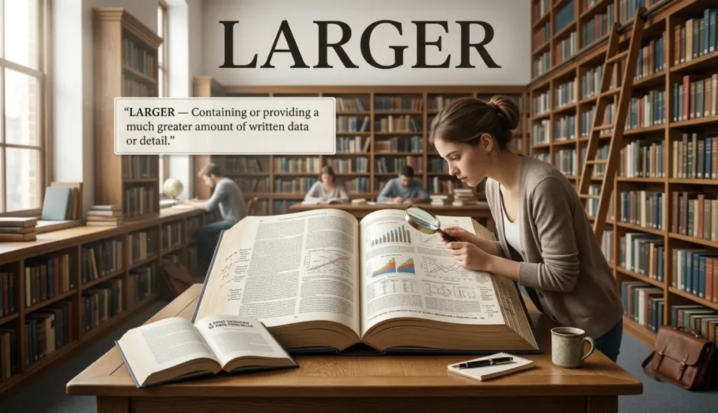 Yielding or containing a much larger amount of written data or detail.