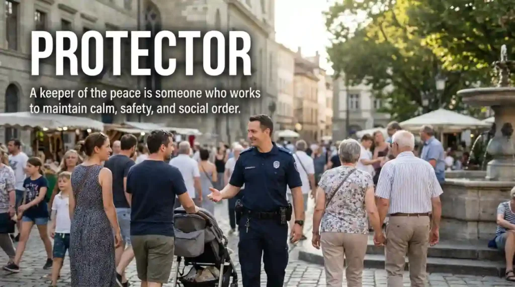 A keeper of the peace is someone who works to maintain calm, safety, and social order.