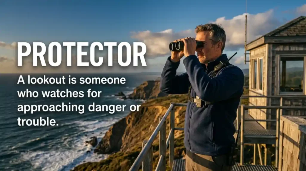 A lookout is someone who watches for approaching danger or trouble.