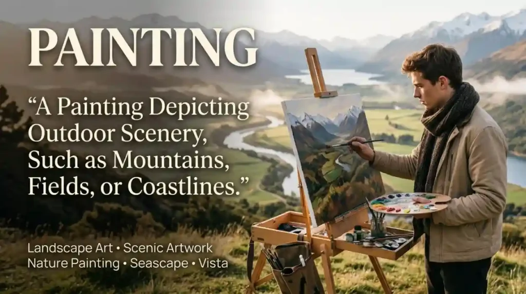 A painting that depicts outdoor scenery, such as mountains, fields, or coastlines.