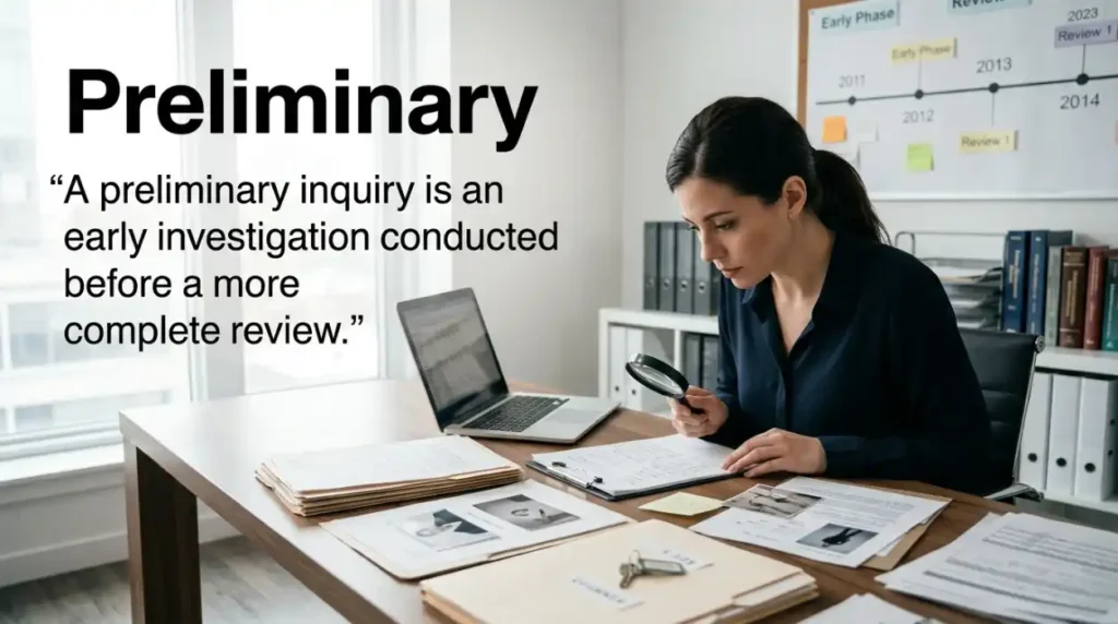 A preliminary inquiry is an early investigation conducted before a more complete review.