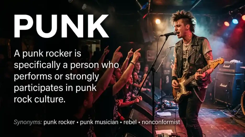 A punk rocker is specifically a person who performs or strongly participates in punk rock culture.