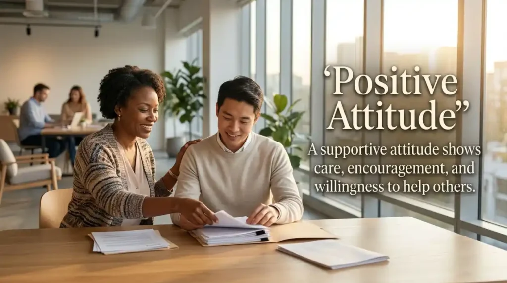 A supportive attitude shows care, encouragement, and willingness to help others.