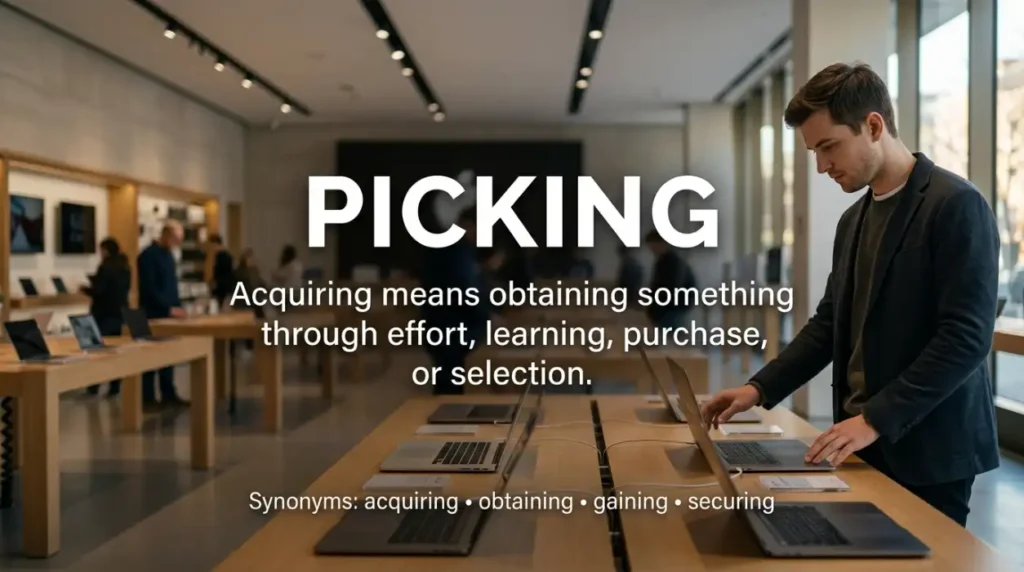 Acquiring means obtaining something through effort, learning, purchase, or selection.