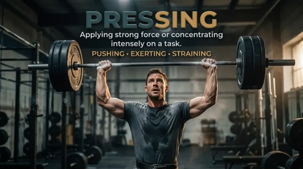 Applying strong force or concentrating intensely on a task.