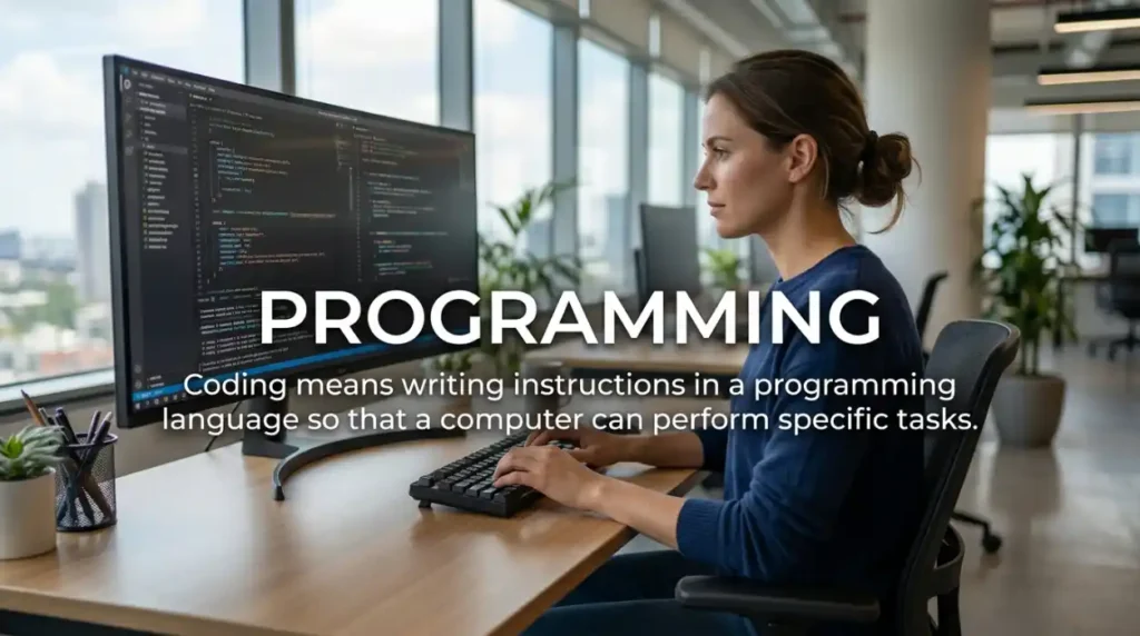 Coding means writing instructions in a programming language so that a computer can perform specific tasks.