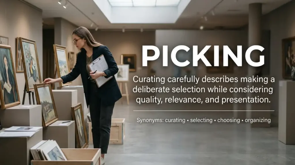 Curating carefully describes making a deliberate selection while considering quality, relevance, and presentation.