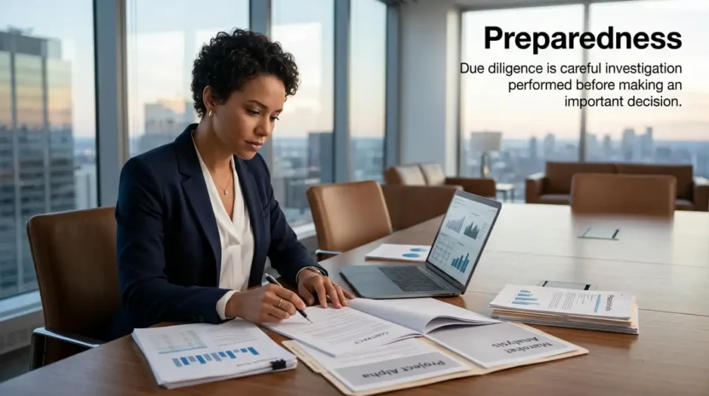 Due diligence is careful investigation performed before making an important decision.