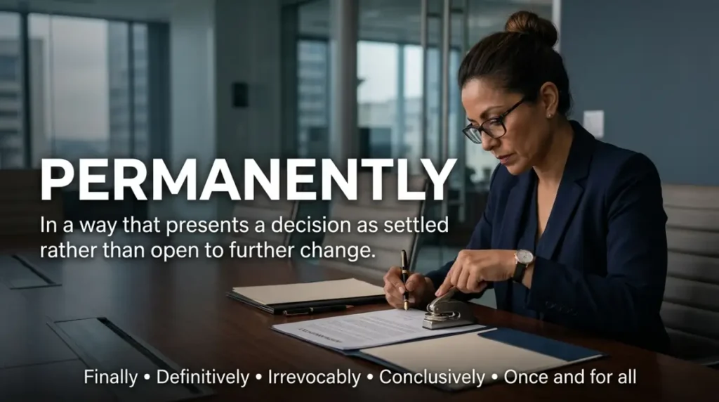 In a way that presents a decision as settled rather than open to further change.