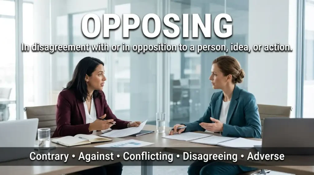 In disagreement with or in opposition to a person, idea, or action.