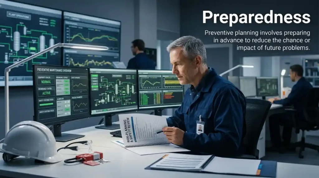 Preventive planning involves preparing in advance to reduce the chance or impact of future problems.
