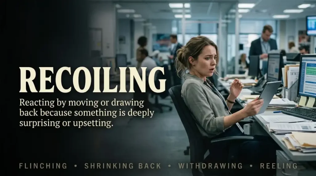 Reacting by moving or drawing back because something is deeply surprising or upsetting.