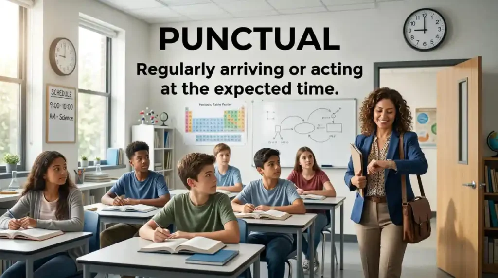 Regularly arriving or acting at the expected time.