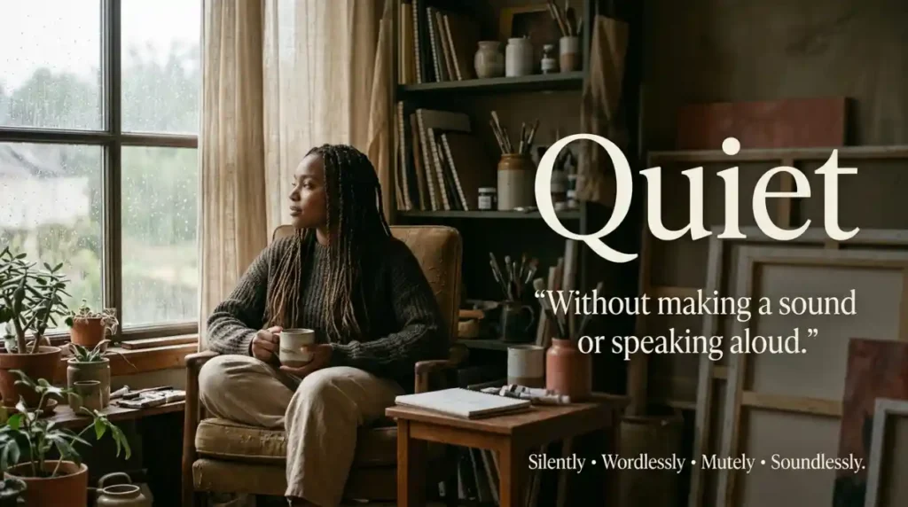 Without making a sound or speaking aloud.