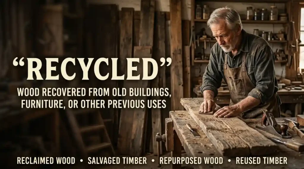 Wood recovered from old buildings, furniture, or other previous uses.